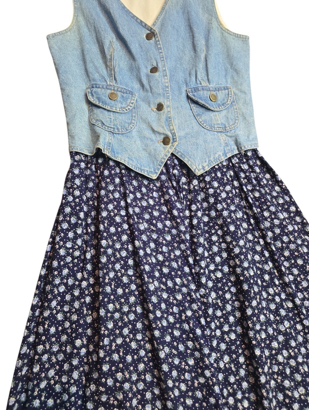 Vintage 90s Paris Blues Denim Vest Floral Maxi Dress Size 9 Cottagecore Grunge - Picture 2 of 13
